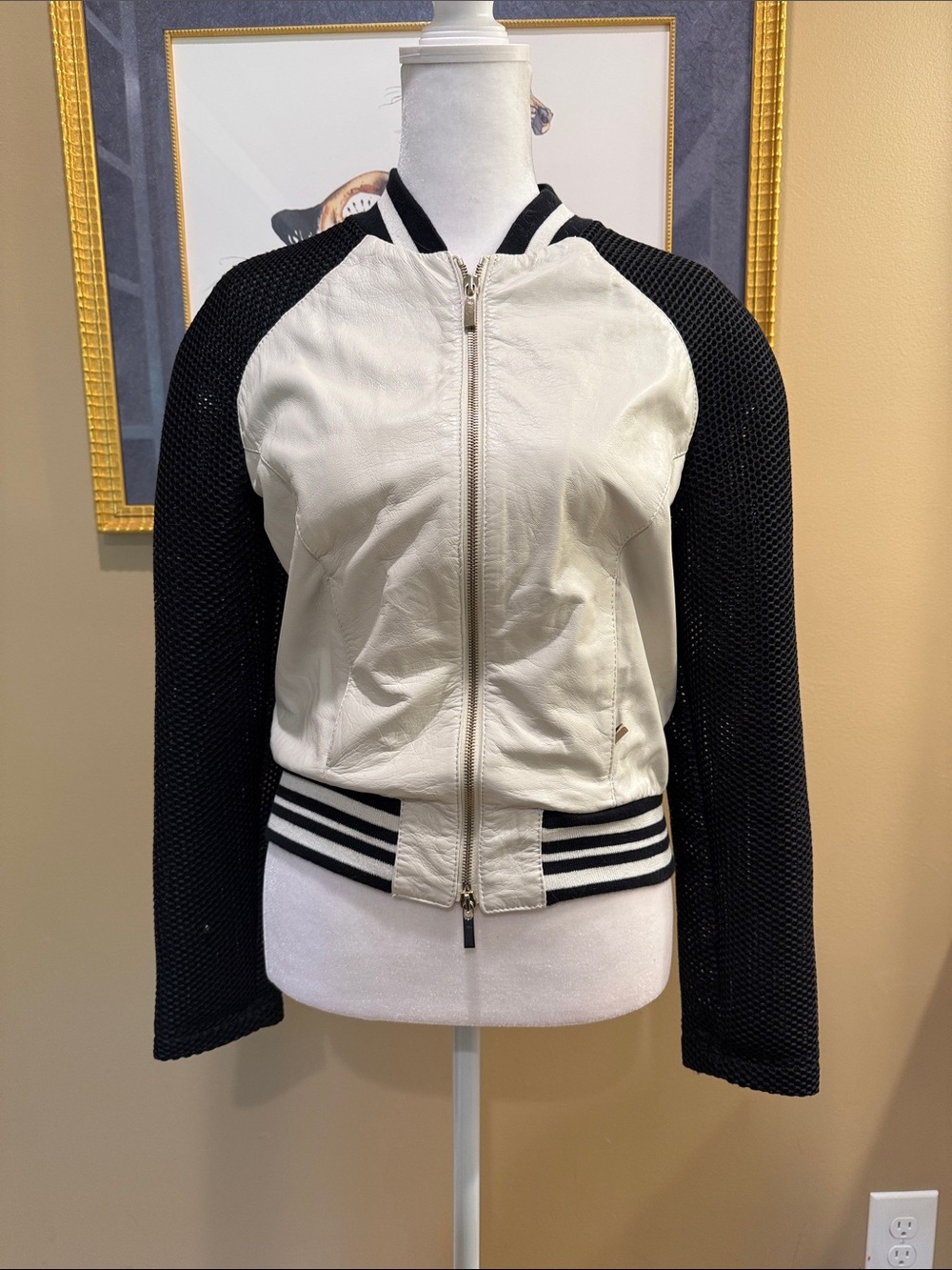 Beatrice Black and White Two-Tone Leather Bomber Jacket